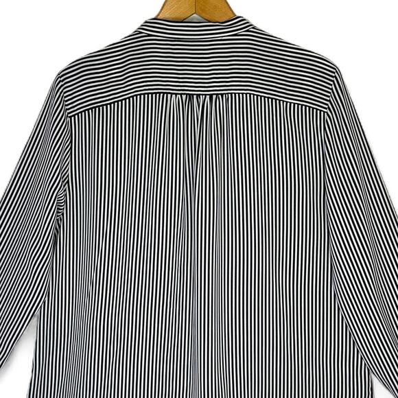 Ann Taylor Striped Button Down Collarless Shirt Size L Black White Stripes - Picture 4 of 9